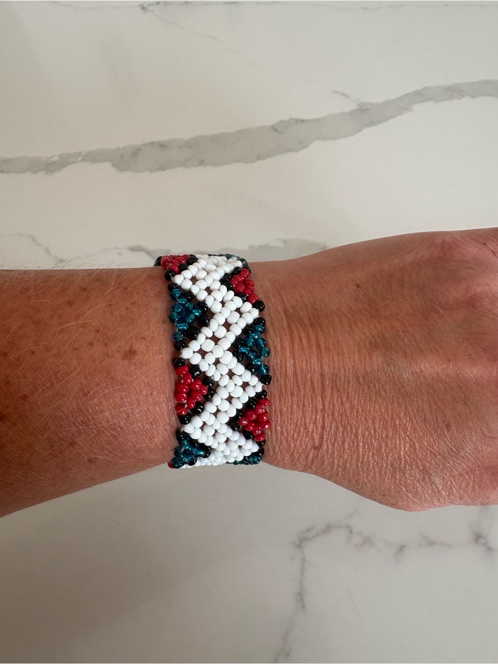 Handmade Beaded Bracelet Wide Chevron Cuff Boho Tribal White Red Blue Black